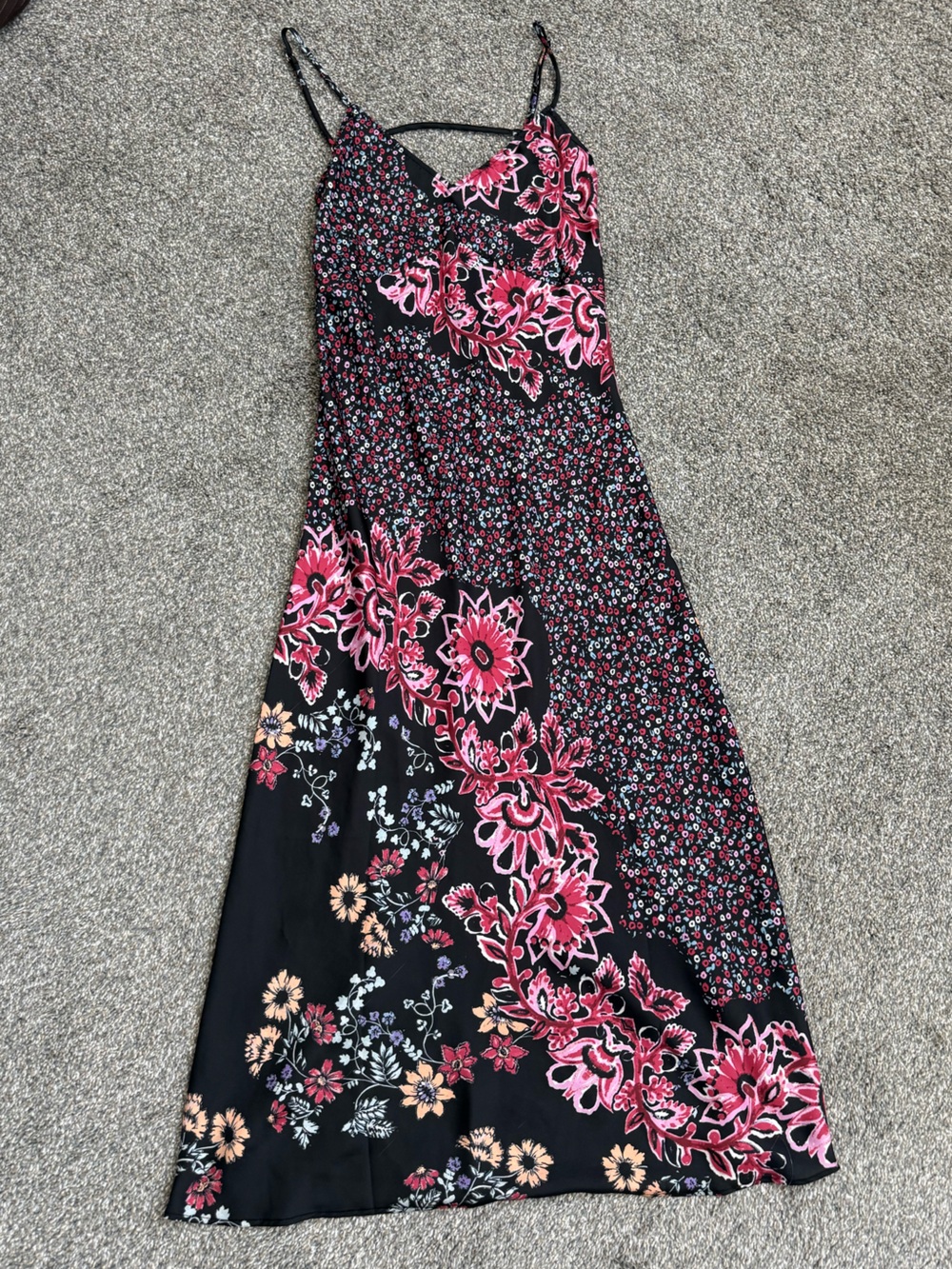 Free People Navy Backless Slip Dress with Pink and Coral Floral Spots
